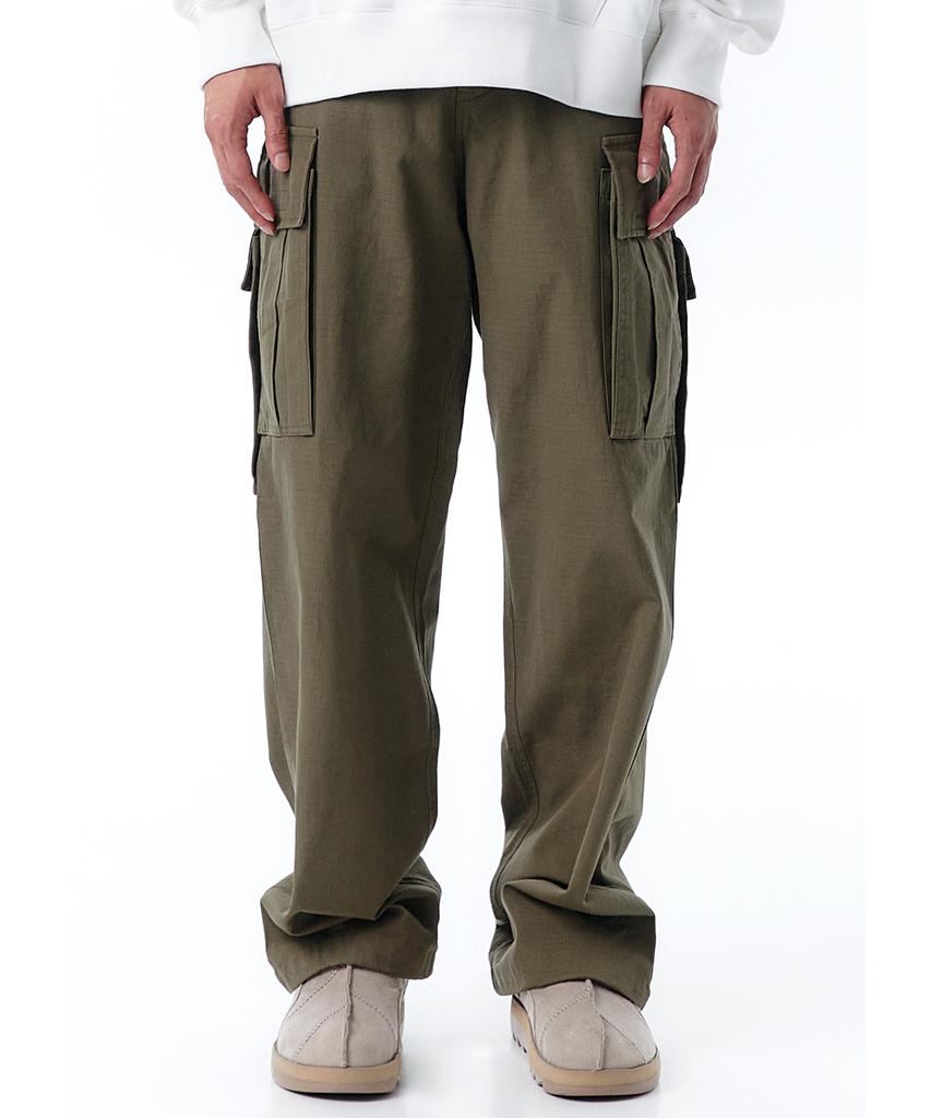 OHY Unbalance Cargo Pocket Rip Pants-Khaki