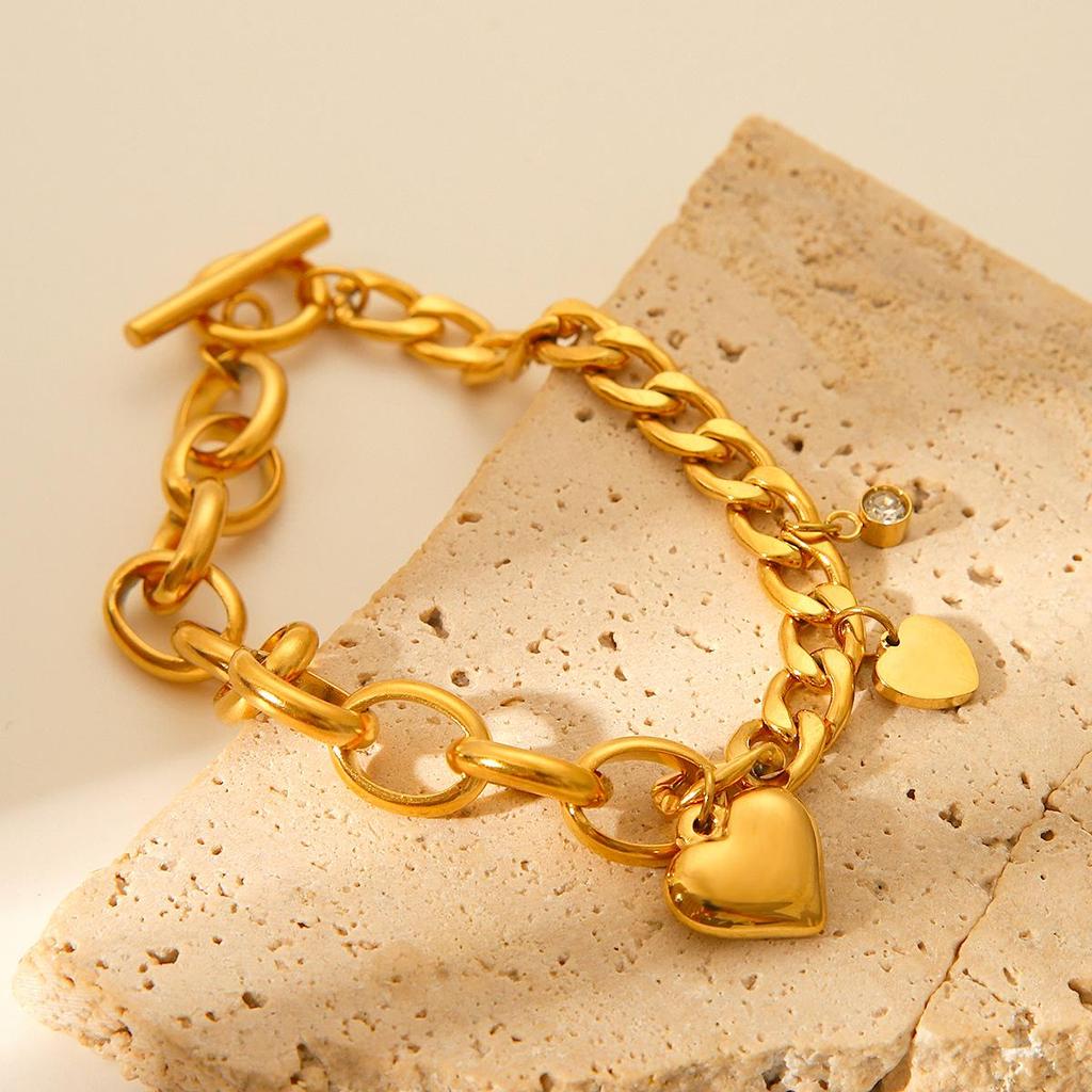 18K Gold Plated Zircon Heart Pendant Oval Cuban Chain Bracelet