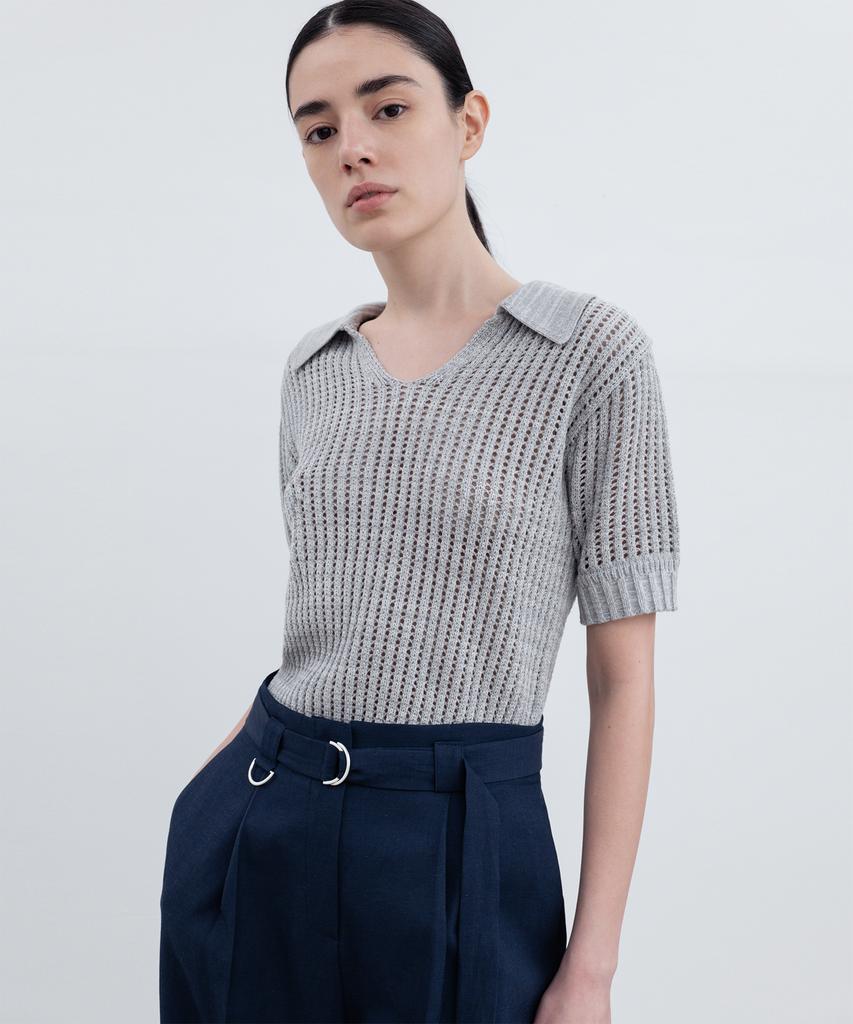 RE RHEE Knitted Short Sleeves Collared Top Ms