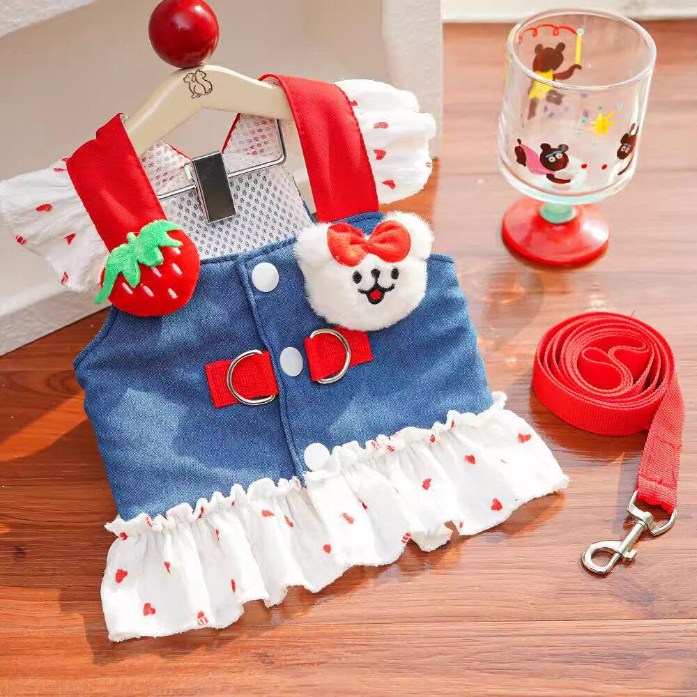 Denim Teddy Bichon Puppy Clothes for Small Dogs - Cute Leashed Harness, Autumn/Spring Style