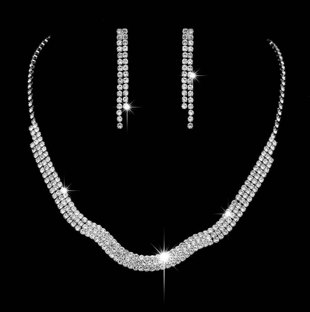 Funkelndes Strass- & Zirkon-Braut-Halsketten- und Ohrring-Set - Elegante Hochzeitsaccessoires
