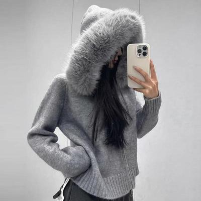 Women's Knitted Cardigan with Faux Fox Fur Collar - Hooded, Short, Fashionable, and Petite for Autumn/Winter.