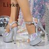 Fashion Liyke Brand Design Patent Leather Women Sexy 15CM Fetish Sandals Summer Peep Toe Green High Heels Wedding Stripper Platform Shoe