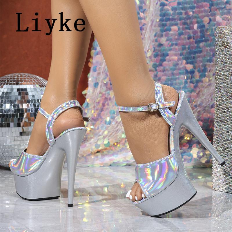 Fashion Liyke Brand Design Patent Leather Women Sexy 15CM Fetish Sandals Summer Peep Toe Green High Heels Wedding Stripper Platform Shoe