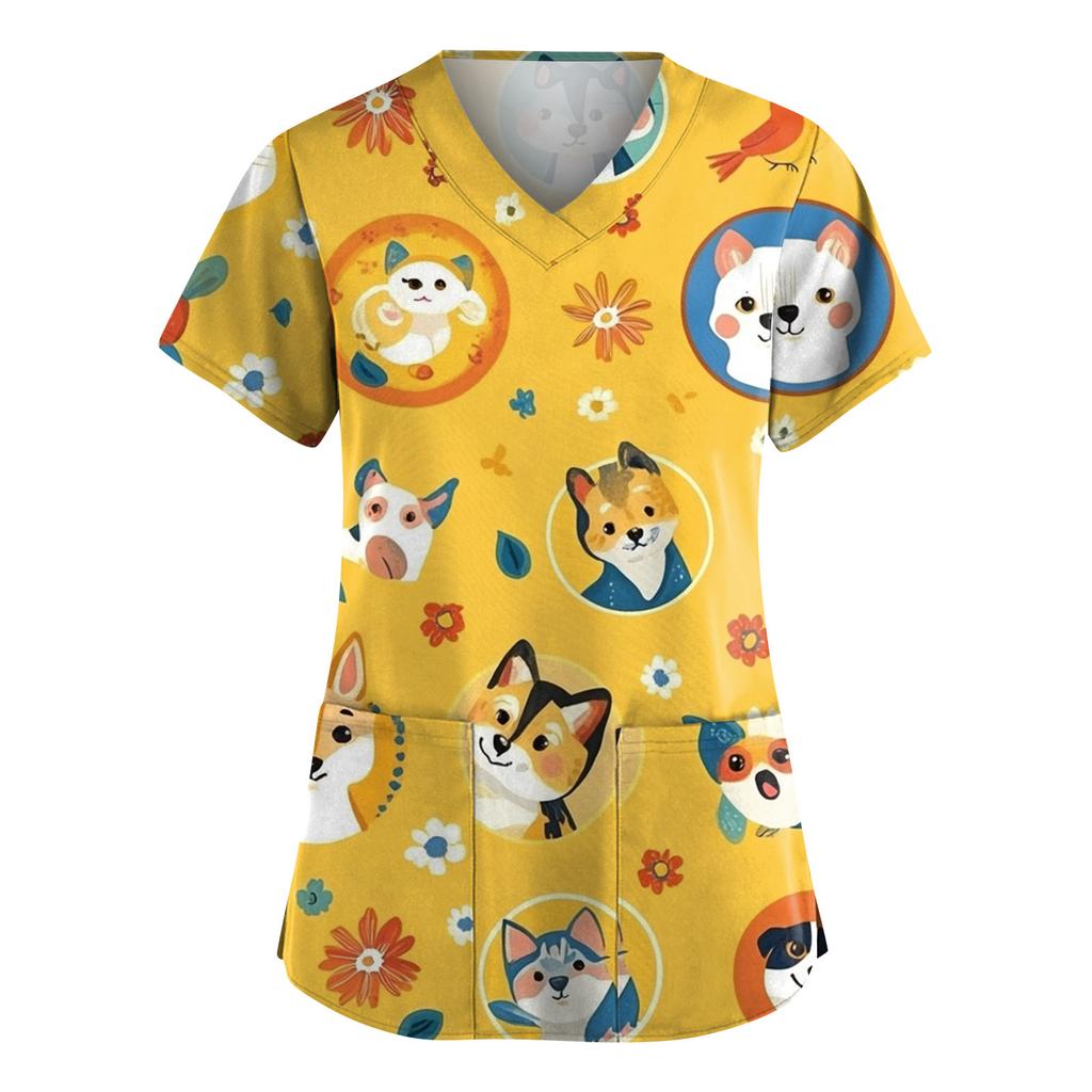 Women's Fashion Short Sleeve Cute Animal Printed V-Neck Pocket Workwear Tops