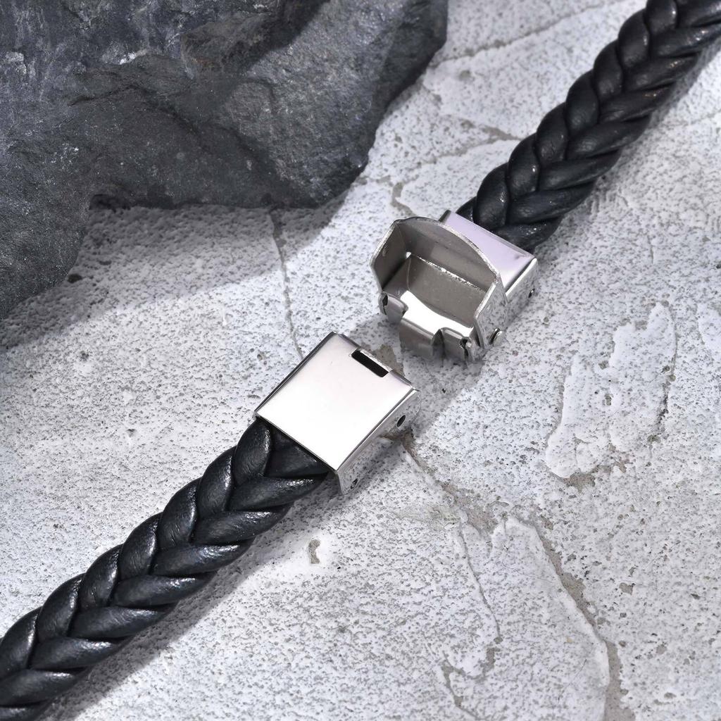 Vnox Free Custom Name Bracelet, Braided Genuine Leather Wristband, Stainless Steel Square Charm Jewelry Gifts to Father Dad Boys