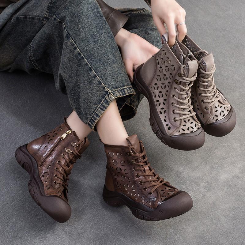 Fashion GKTINOO Summer Sandals Genuine Leather 2025 New Retro Breathable Hollow-out Boots Handmade Women Clogs Flats Shoes
