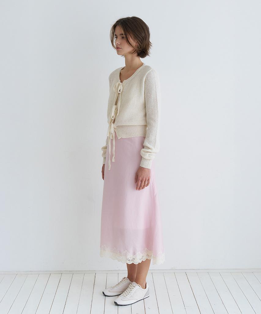 VEM.VER Lace Trim Satin Midi Skirt_Pink