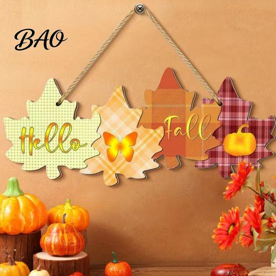 Holiday Hanging Welcome Plaque Autumn Sign with Rope for Front Door, Rustic Maple Leaf Shape Wood Decorative Harvest Decor Pumpkin And Butterfly