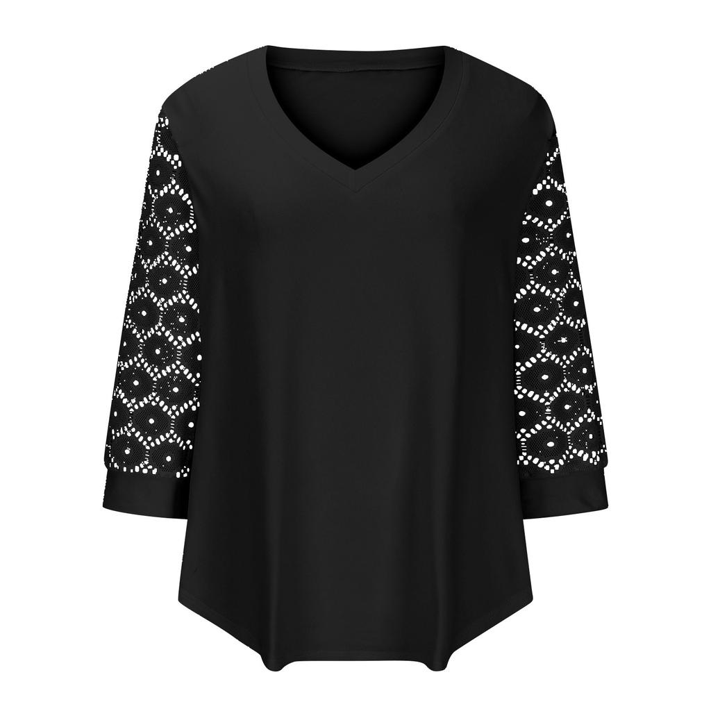 Women's Seven Quarter Sleeved V-Neck Color Lace Patchwork Casual Top Casual Top