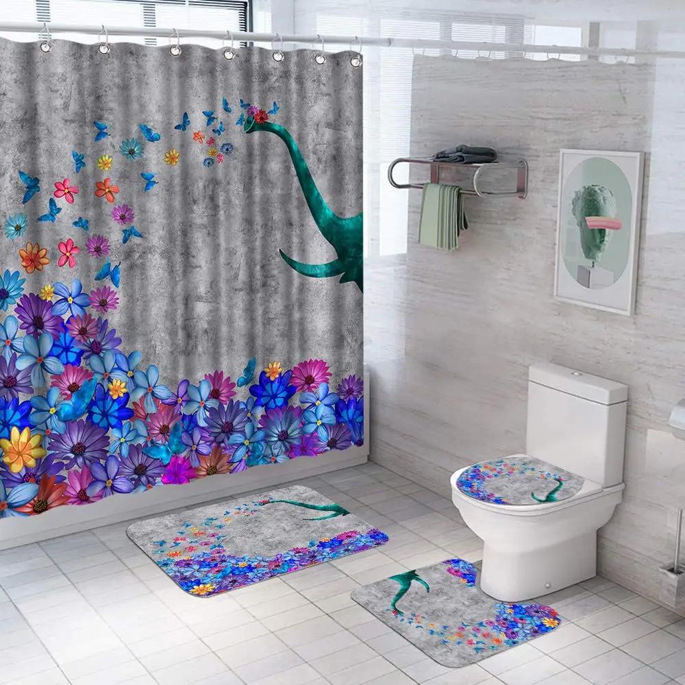 

Butterfly Big Flower Blue Watercolor Flower Broken Flower Bathroom Shower Curtain Set Bath Mats Rugs Toilet Lid Cover Rugs Decor W60H190(CM)-1 Pcs