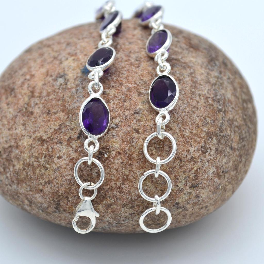 Damen-Armband mit Amethyst-Edelstein, massiv, 925er-Sterlingsilber, handgefertigter Schmuck, 19,1 cm
