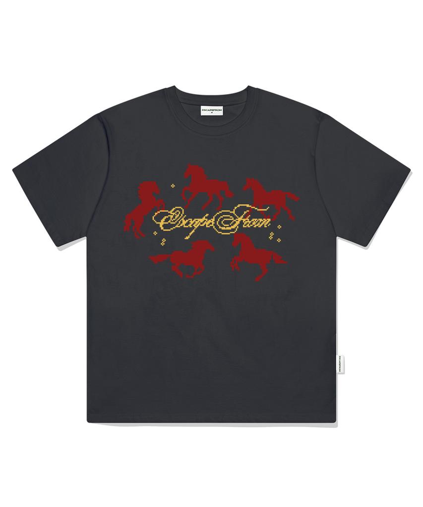 ESCAPEFROM Around Horse Print Oversized Short Sleeve T-Shirt White