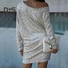 Women Evening Dress Shiny Sequin Slant Neck One Shoulder Three Quarter Sleeve Loose Above Knee Mini Dress Prom Party Dress