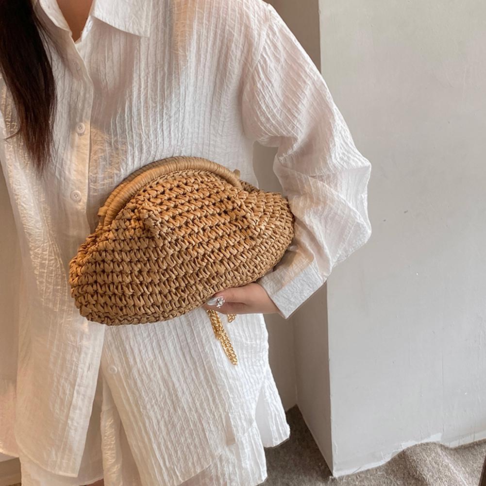 Women Straw Woven Bag Chain Strap Fashion Shoulder Bag Large Capacity Woven Dumpling Bag Solid Color for Outdoor Travel