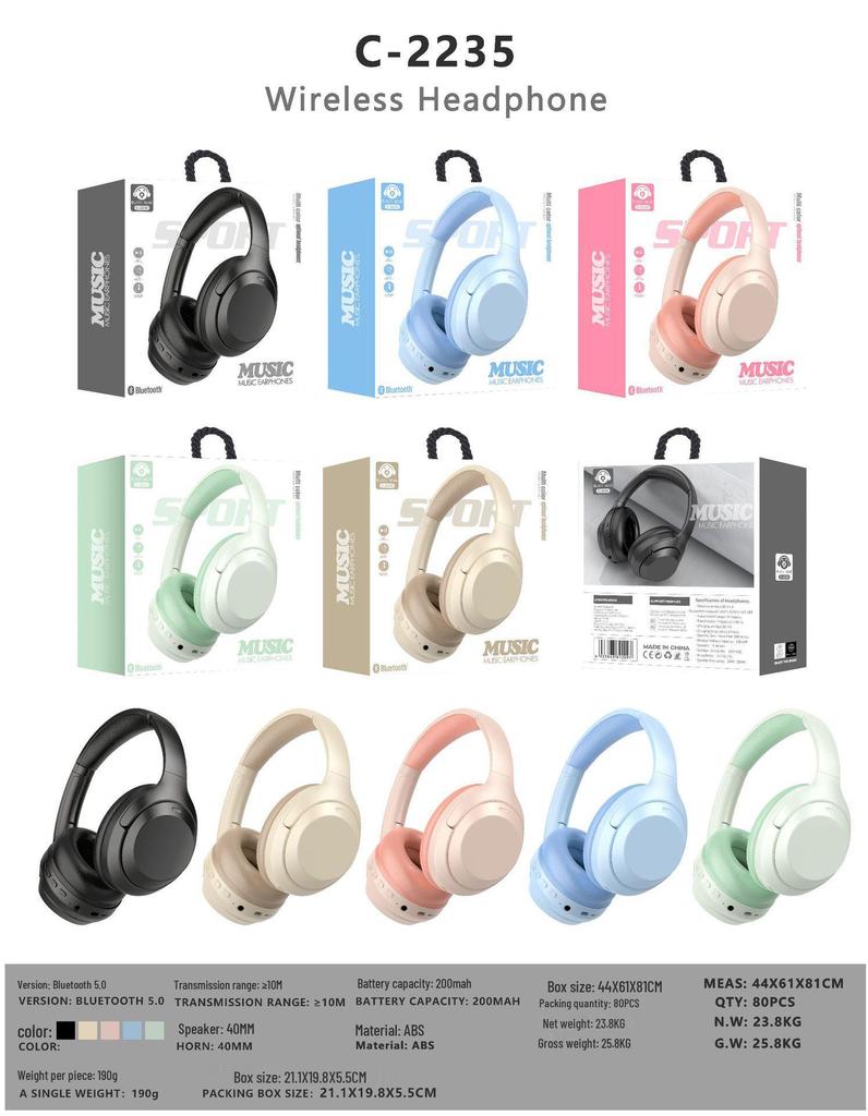 New Wireless Bluetooth Over-Ear Headphones C-2235: Dual Mode, Rechargeable, Fashionable, for Gaming & Sports, Deep Bass