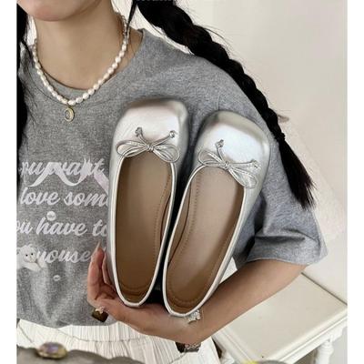 Fashion New Spring and Summer Flat Ballet Shoes for Women Mary Jane Shoes Ballet Flats for Women Bow Silver Flat Shoes