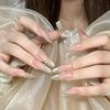 Elegant Long Wedding Nails: Light Luxury Press-Ons with Pearl Flowers for a Fairer Look. Perfect for Autumn Travel Makeup. Removable Nail Art.
