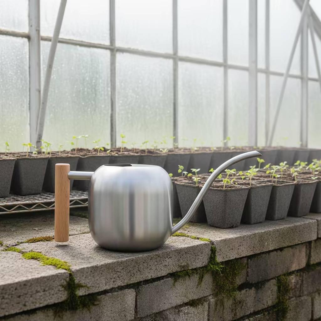 Stainless Steel Watering Can Modern with Wooden Handle Silver Vessel for Plant Lovers,
