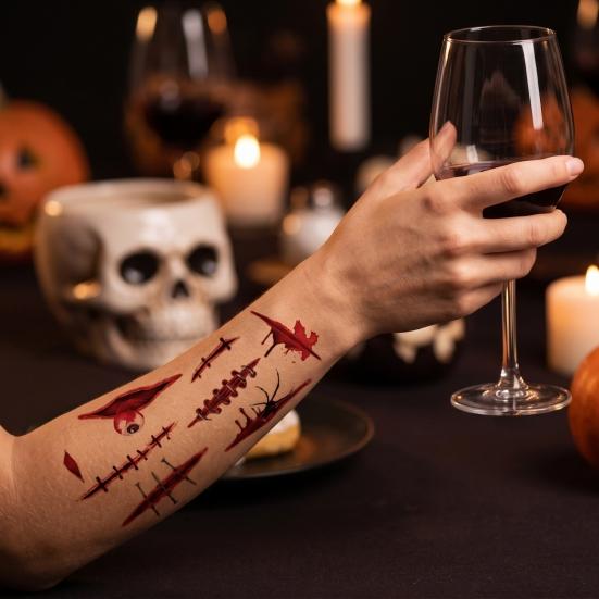 Disposable Horror Theme Props 30Pcs Halloween Scar Tattoo Stickers, Realistic Fake Wound Decals for Water Transfer Film Paper Face Body, Waterproof