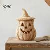 Rustic Fall Aesthetic Halloween Pumpkin Lantern Tabletop Decor, Woven Witch Hat Candy Bowl & LED Gothic Home Decor Prop, Centerpiece for Shelf Mantel