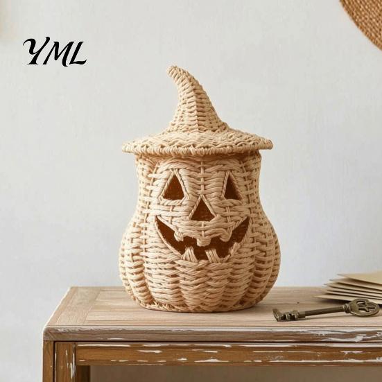 Rustic Fall Aesthetic Halloween Pumpkin Lantern Tabletop Decor, Woven Witch Hat Candy Bowl & LED Gothic Home Decor Prop, Centerpiece for Shelf Mantel