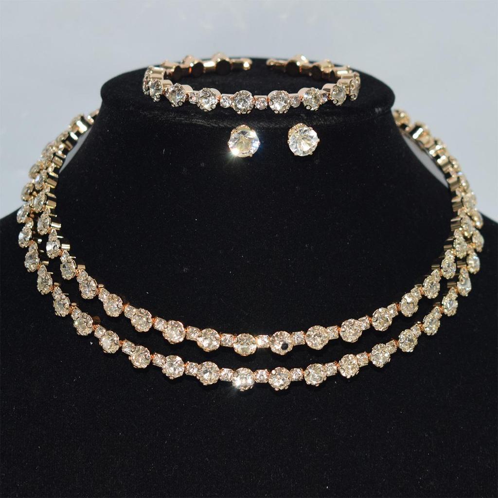 Gold & Silver Rhinestone Jewelry Set: Choker, Bracelet, Stud Earrings, & Necklace