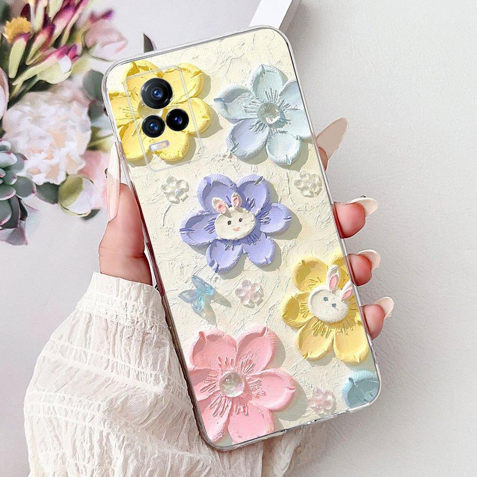 For Vivo V21e V2061 / V21 4G 5G V2050 V2066 Phone Case VivoV21e V 21 4G Elegant Floral Cat Printing Soft Silicone TPU Cases