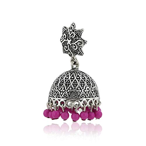 Estele Oxidised Silver Plated Metal Brass Jhumki With Pink Beads Drop Earrings for Girls and Women