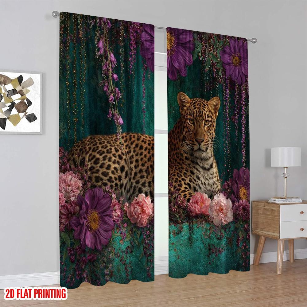 2D Flat Printing 2pcs Curtain Window Treatment Curtains Leopard Amidst Purple Blossoms Digital Printed Polyester Drapes Festive
