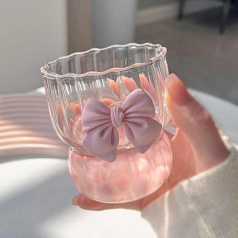 Handcrafted Glass Coffee Cups with Pink Bow Elegant Bowknot Design Drinking Mugs Reusable Water Glasses Aesthetic Coffee Mug