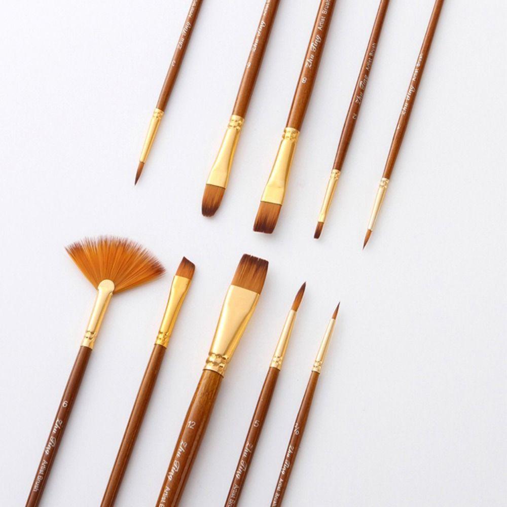 10Pcs/Set Round Flat Angle Artist Paint Brushes Set Wooden Pole Drawing Art Brush  Gift