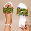 One-word Slippers Women's Summer Wear New Fashionable Versatile Sequined Flat-bottomed Open-toed Beach Cool Slippers