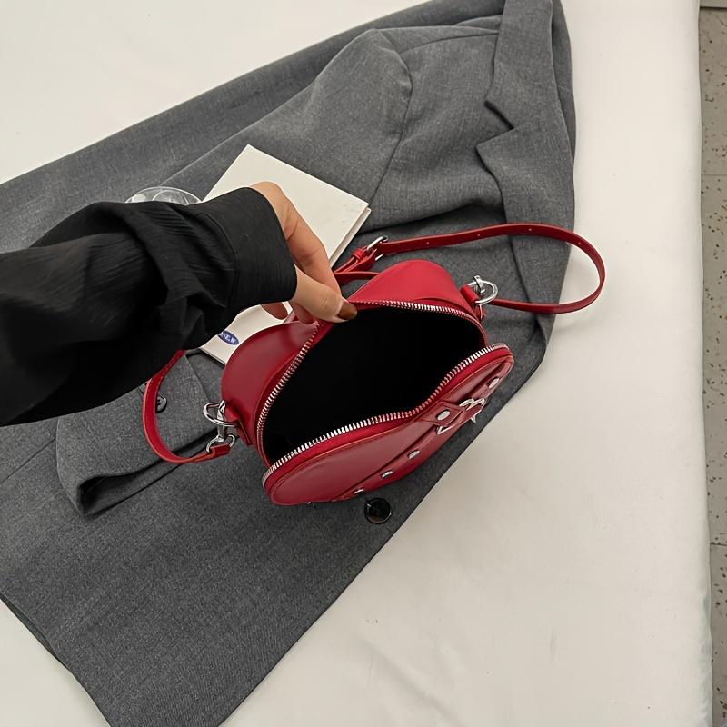 Borsa a Spalla Forma di Cuore Stile Y2K di Nicchia, Borsa a Tracolla con Zip e Decorazioni di Borchie Monocolore per Donna
