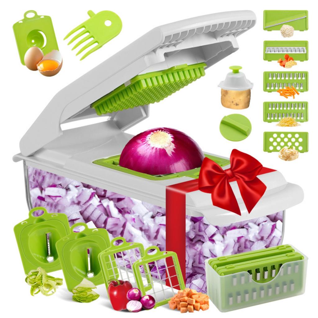 18-teiliges multifunktionales Gemüseschneider-Raspel-Küchenwürfler-Kartoffelreibe mit Raspel-, Schneidkeilen, Blumenformen, Hacken