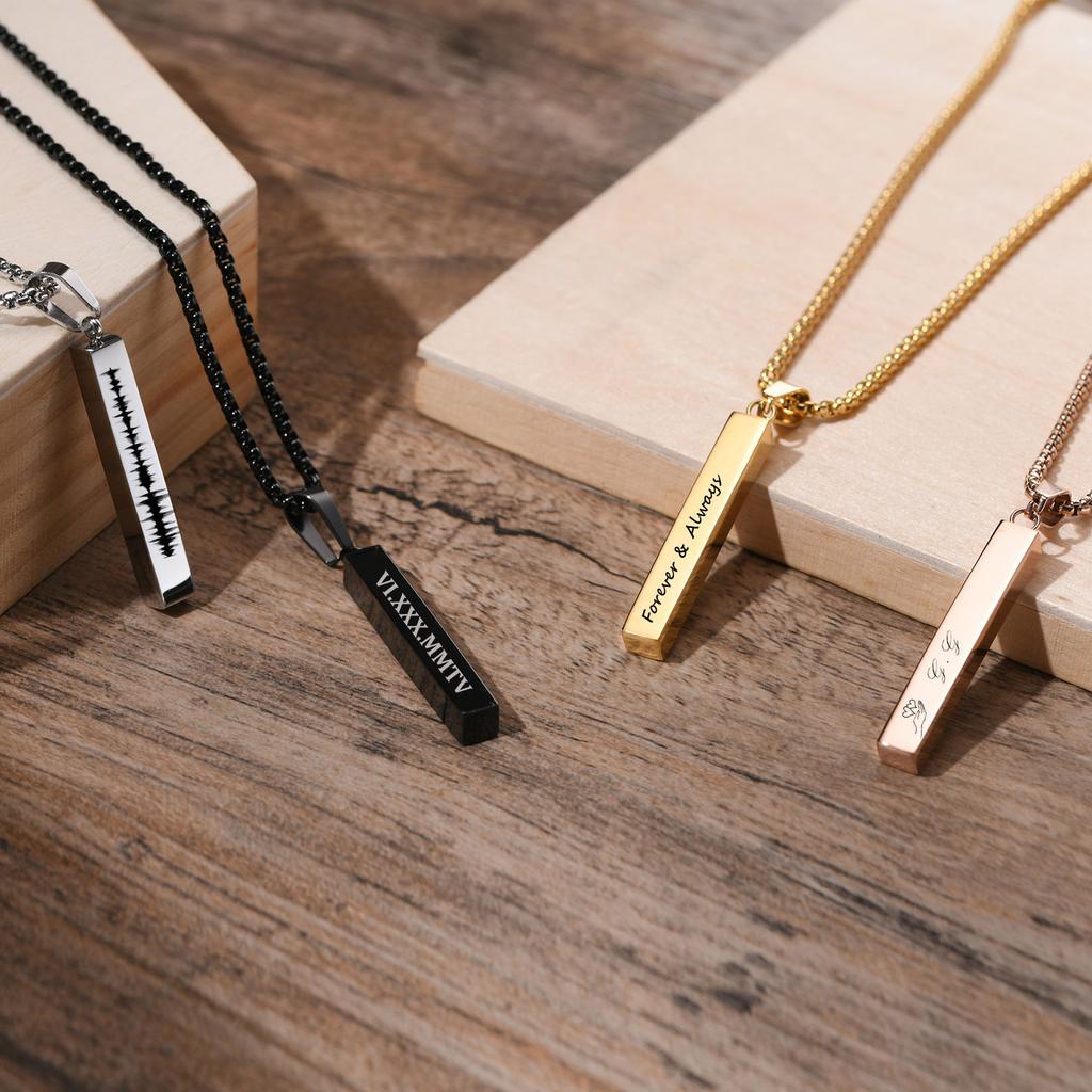 Men Custom Engraving Names Rectangle Bar Necklace, 3D Square Geometric Stainless Steel Pendant Collar Gift Jewelry