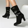 FOREADA Women Ankle Boots Round Toe Chunky High Heels Buckle Pleated Short Boots Ladies Fashion Shoes Winter Black 46