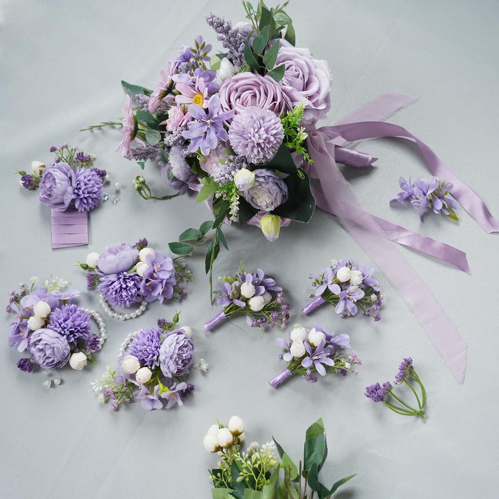 8PCS Purple Artificial Wedding Flowers Set Bridal Bouquet Boutonnieres Corsage for Wedding Ceremony Anniversary Prom Decor
