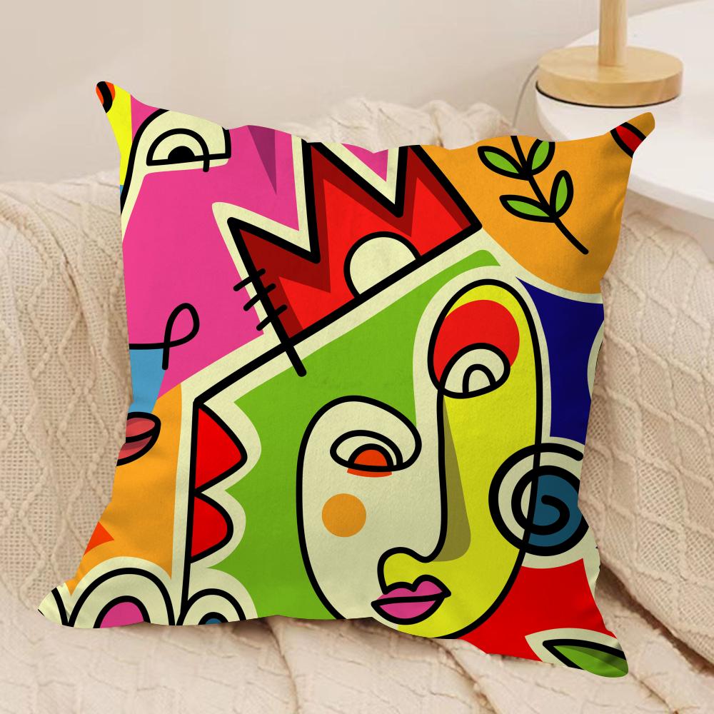 Colorful Abstract Faces Cushion Cover Silky Short Plush Sofa Pillow Cover Hidden Zipper Soft Dustproof Case for Home Decor