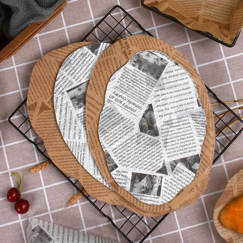 100Pcs Oval Lace Pad English Newspaper Printed Greaseproof Paper Oil Absorbent Hamburger Bread Baking Tray