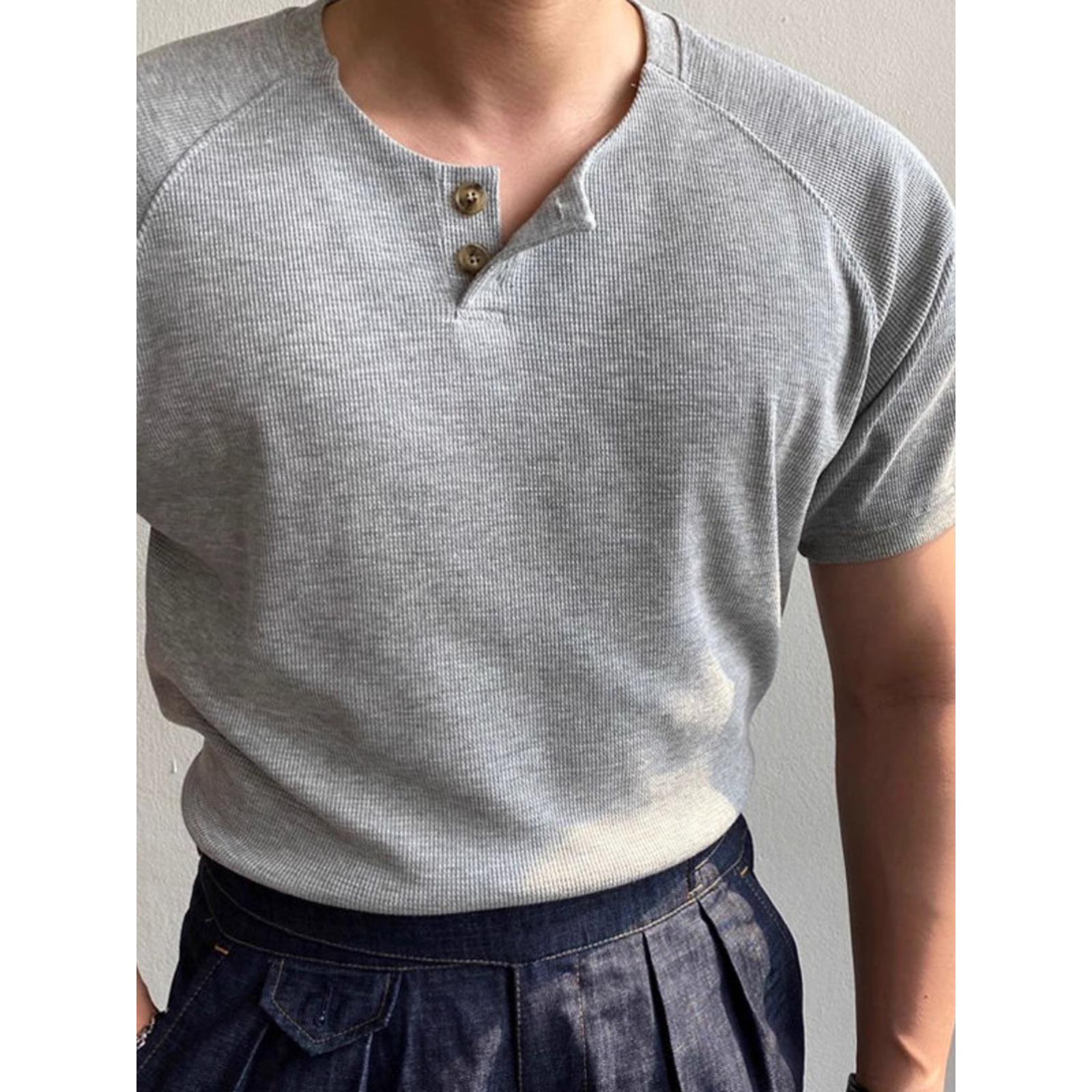 Mens Waffle Henley Collar Slim Fit Breathable Short Sleeve Casual T Shirt M серый