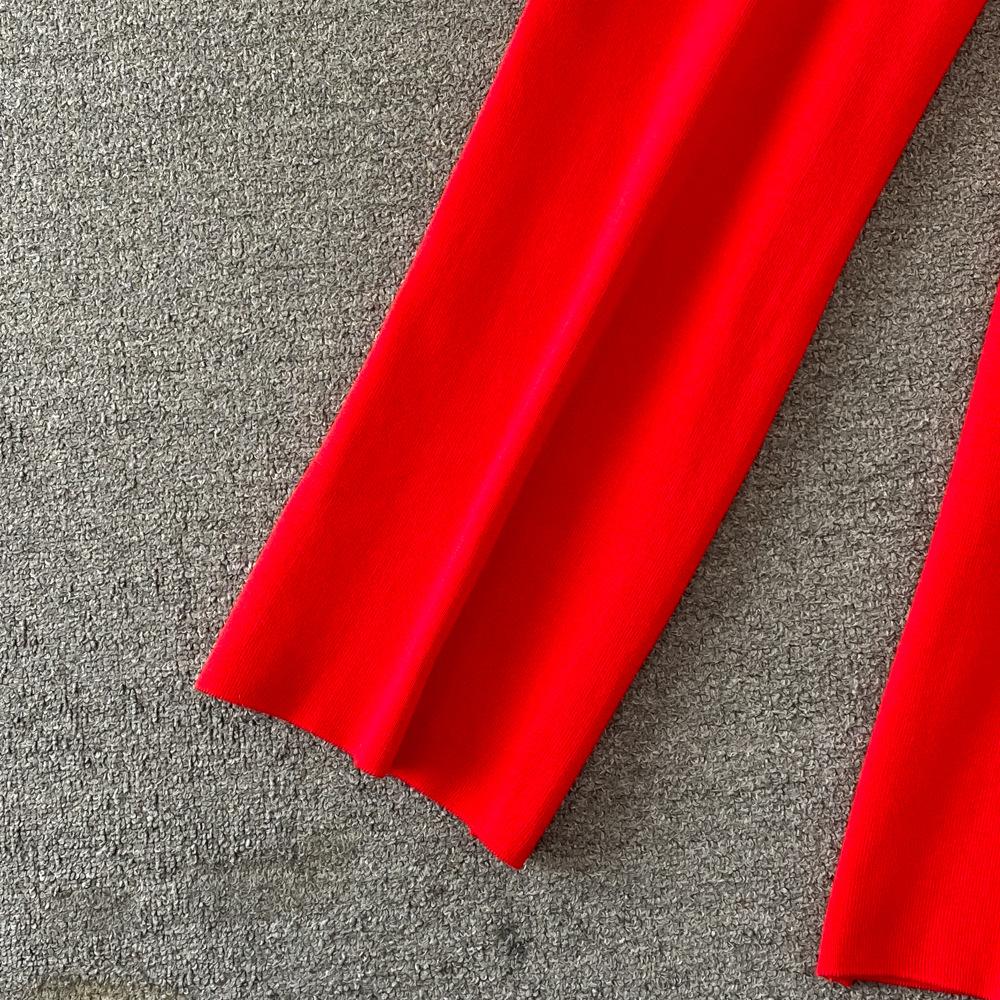 Conjunto de Moda para Mujer Otoño Invierno Suéter Holgado de Manga Larga a Cuadros Conjunto de Dos Piezas Pantalones de Punto Rectos de Pierna Ancha Adelgazantes de Cintura Alta