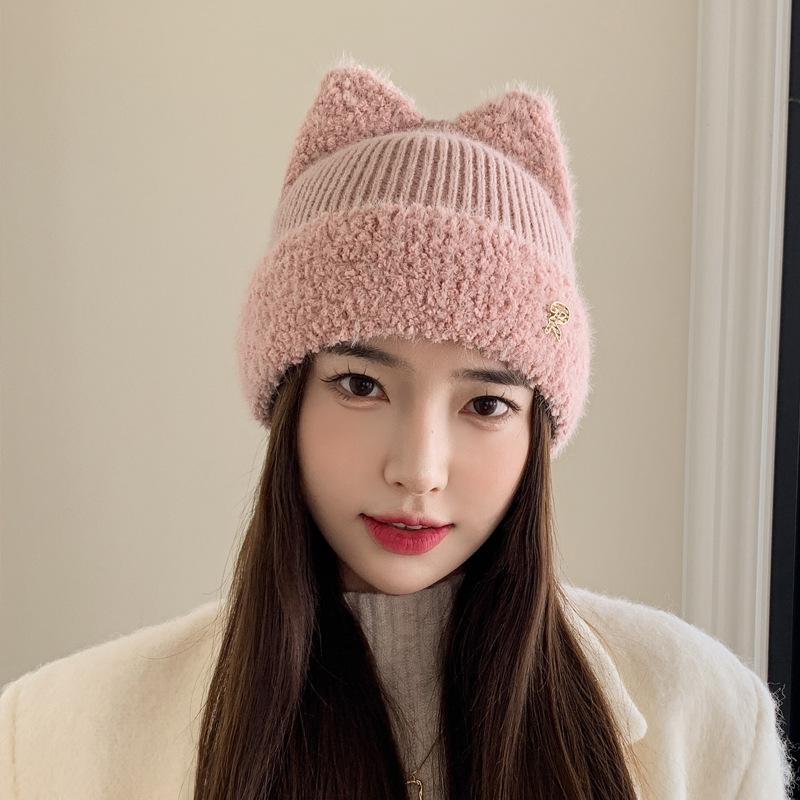 New wool hat cat ears ear protection autumn and winter warm cold hat men's and women's cute knitted hat
