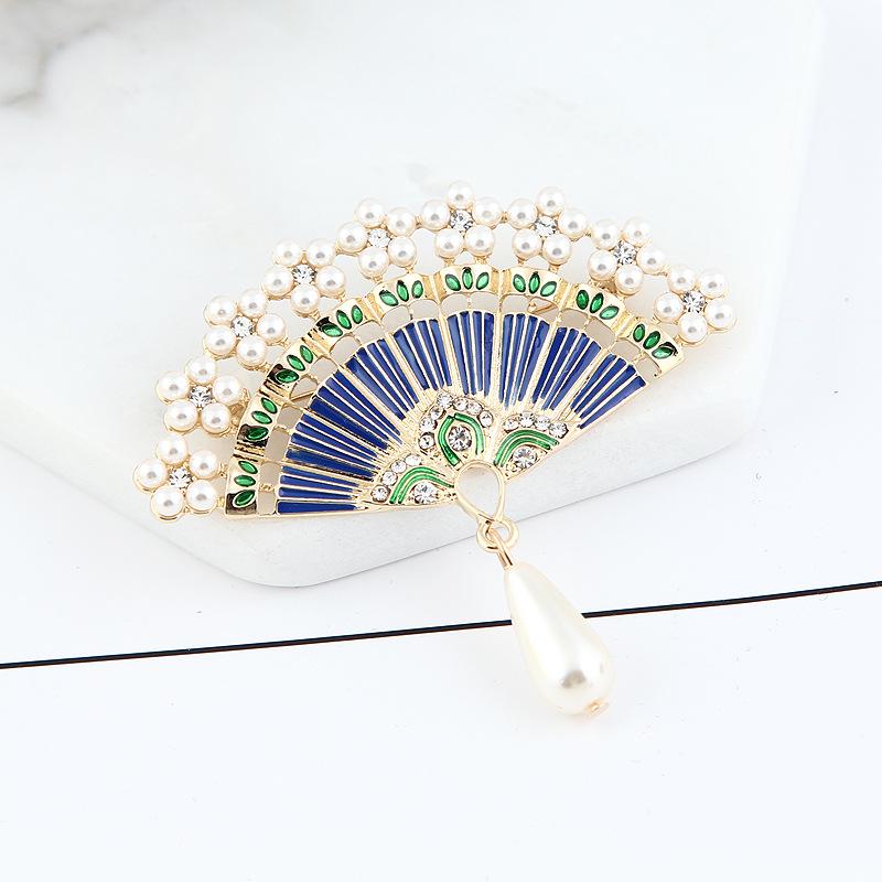 Lanhao Retro Chinese Bamboo Fan Brooch with Pearls & Rhinestones