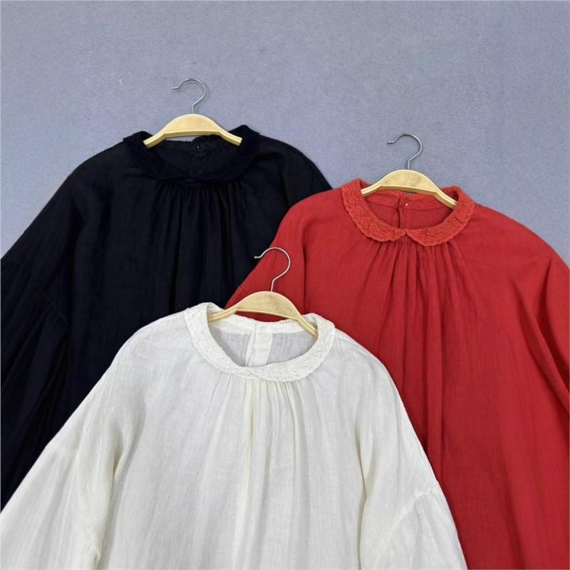 Johnature Thin Lace Trim Shirt Vintage Long Sleeve Top For Spring Autumn Women Shirts