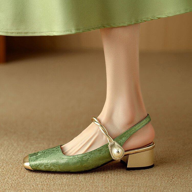 High-end embroidery pattern bag head rear empty sandals spring light luxury thick heel women's shoes