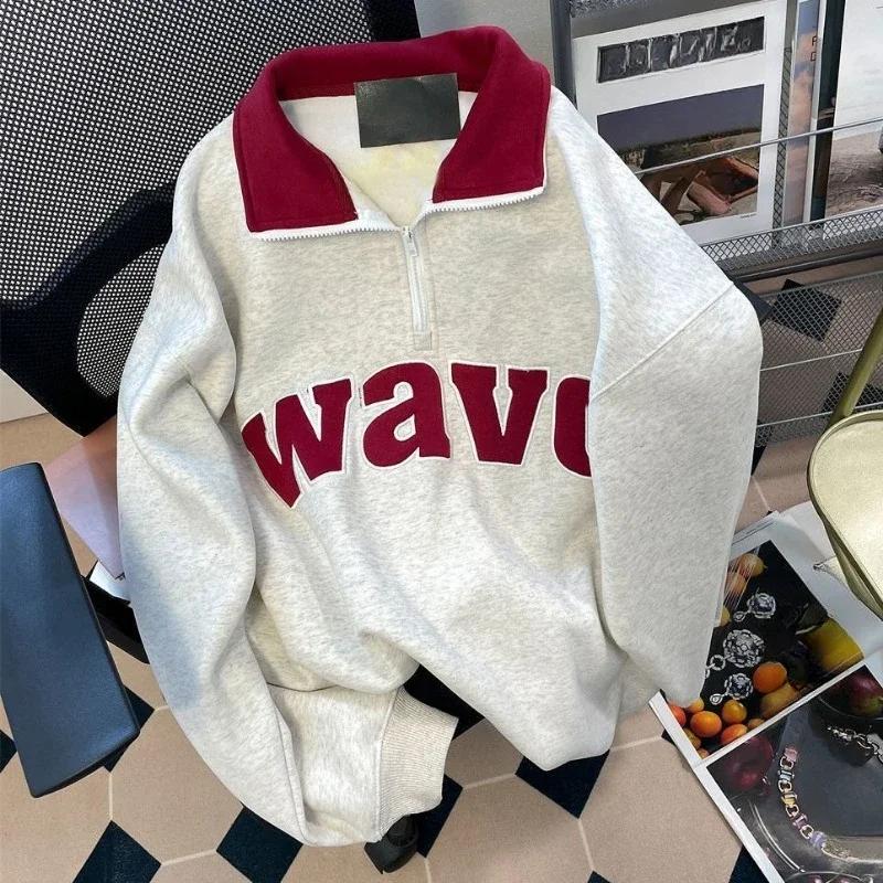 Lapel Half Zipper Women s Hoodie Contrasting Colour Letters Embroidered Ladies Long Sleeve Pullover American Thick Top M 2798₽