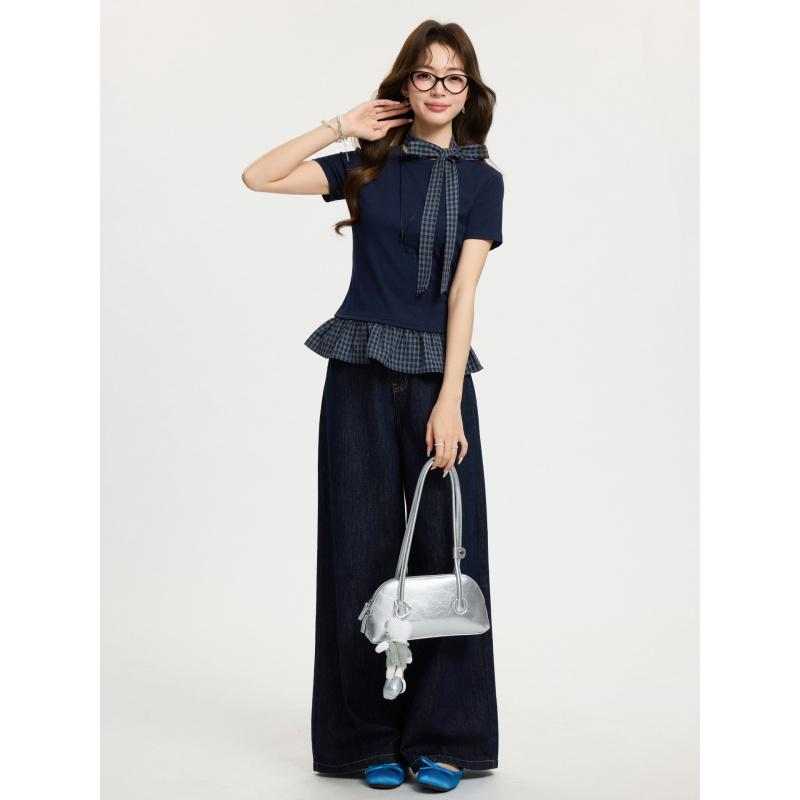 Fake Two-Piece Plaid Short-Sleeve T-Shirt With Lace Hem For Women New Spring/Summer Base Shirt With Ribbons