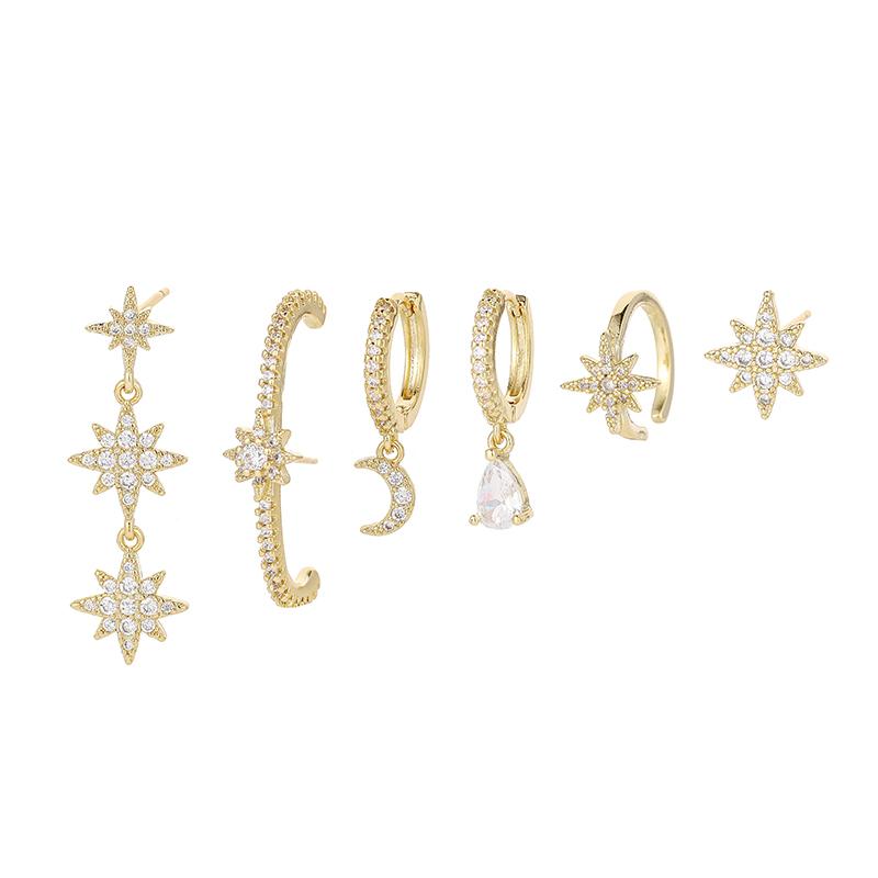 

ANENJERY 6-элементный комплект серег-колец с каплями воды и цирконием, луной и звездой для женщин