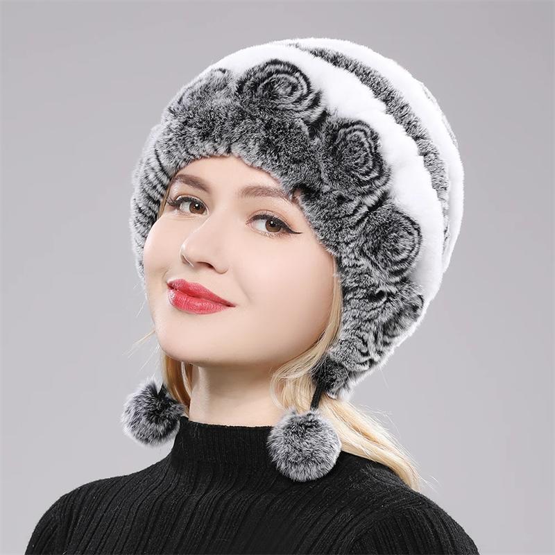 Winter Women's Natural Stripe Flower Rex Fur Rabbit Women